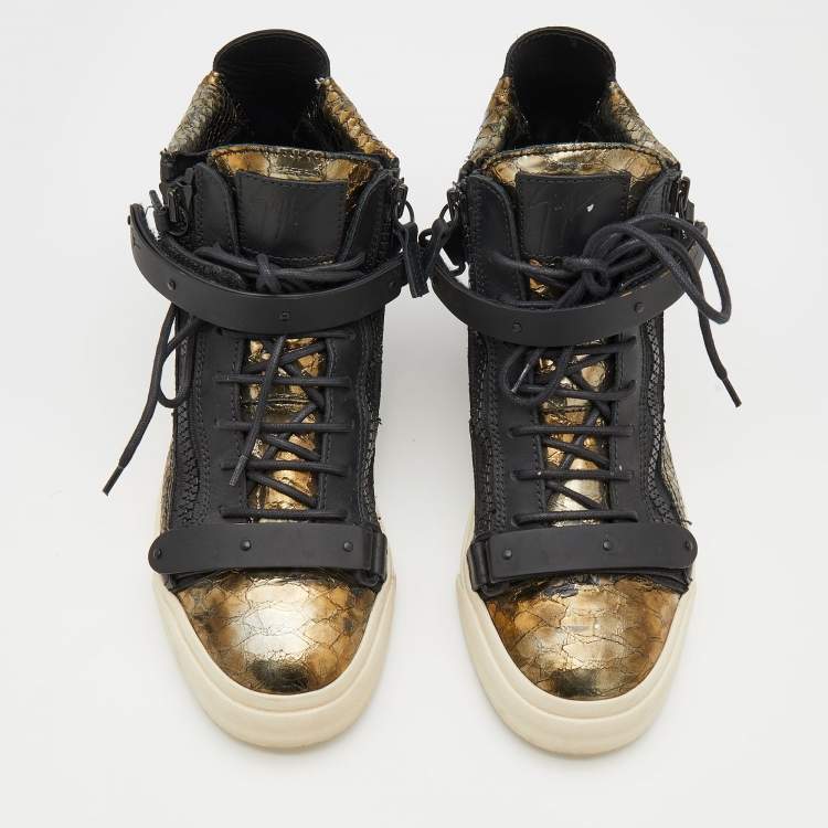 Pre Owned Giuseppe Zanotti Black/Gold Python Embossed Leather Double Zip High Top Sneakers Size 38.5