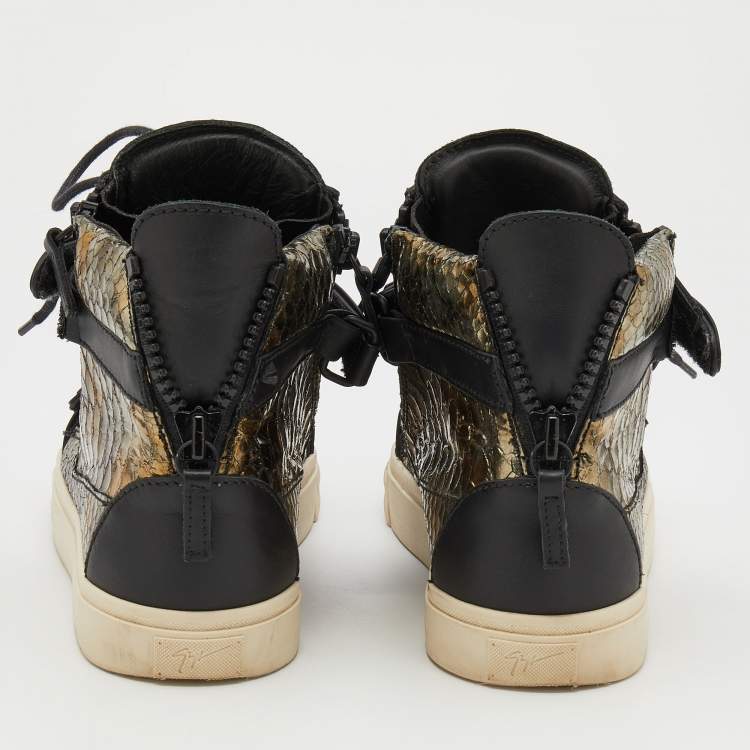 Pre Owned Giuseppe Zanotti Black/Gold Python Embossed Leather Double Zip High Top Sneakers Size 38.5