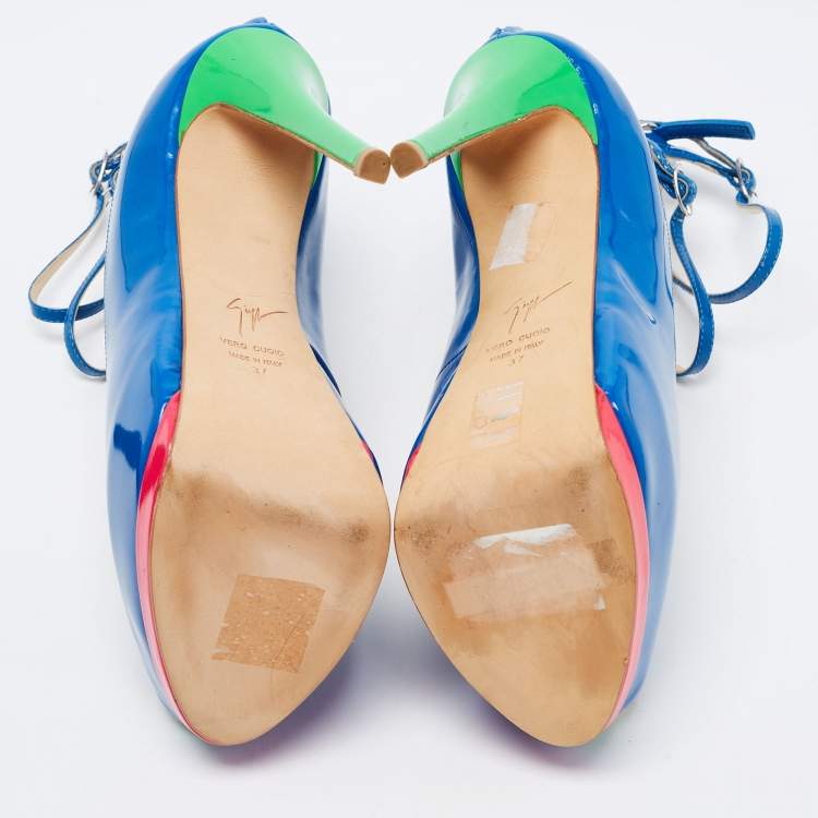 Pre Owned Giuseppe Zanotti Multicolour Patent Leather Tripe Strap Peep Toe Pumps Size 37