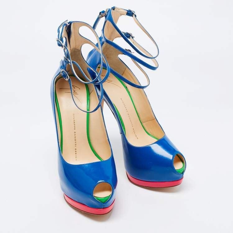 Pre Owned Giuseppe Zanotti Multicolour Patent Leather Tripe Strap Peep Toe Pumps Size 37