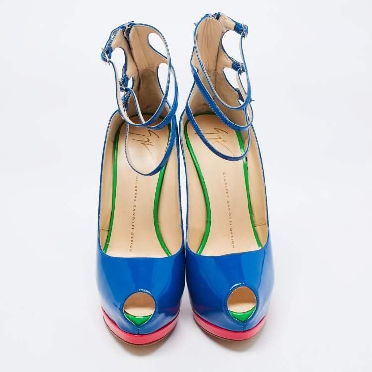 Pre Owned Giuseppe Zanotti Multicolour Patent Leather Tripe Strap Peep Toe Pumps Size 37