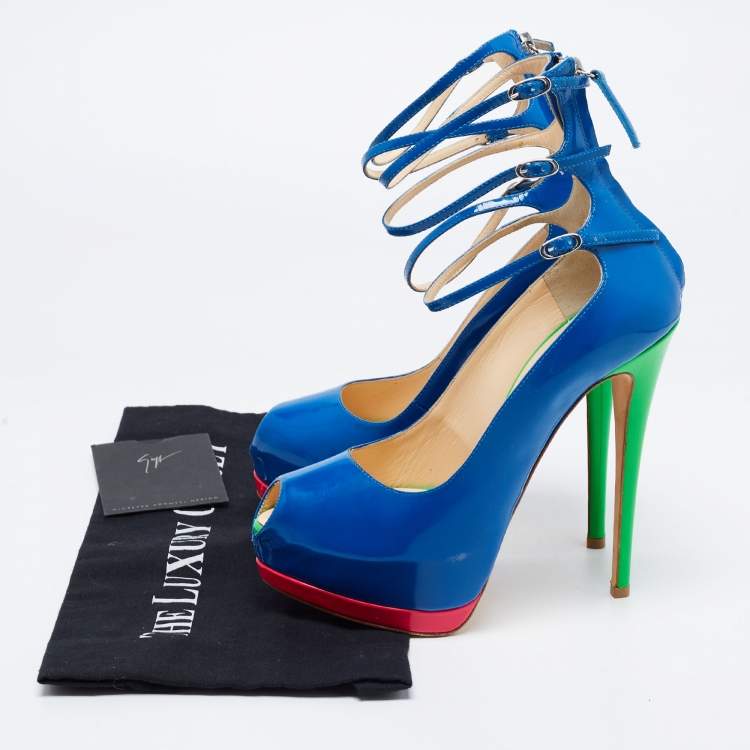 Pre Owned Giuseppe Zanotti Multicolour Patent Leather Tripe Strap Peep Toe Pumps Size 37
