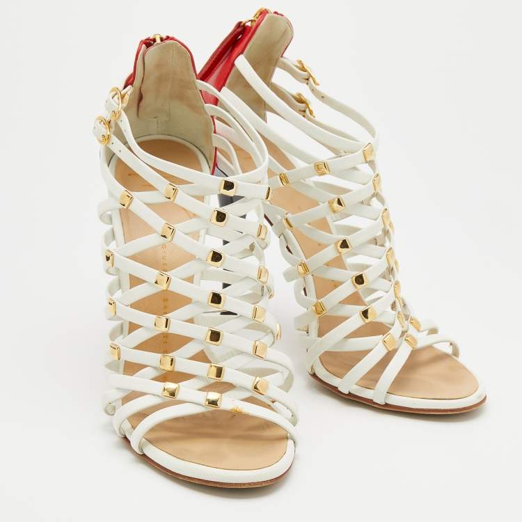 Pre Owned Giuseppe Zanotti White/Red Leather Embellished Strappy Sandals Size 36