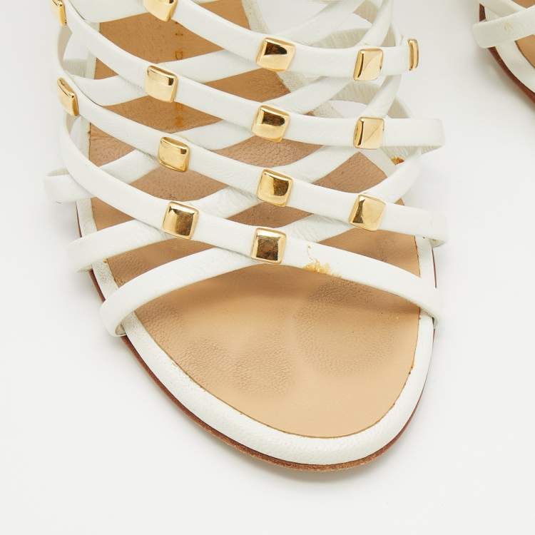 Pre Owned Giuseppe Zanotti White/Red Leather Embellished Strappy Sandals Size 36