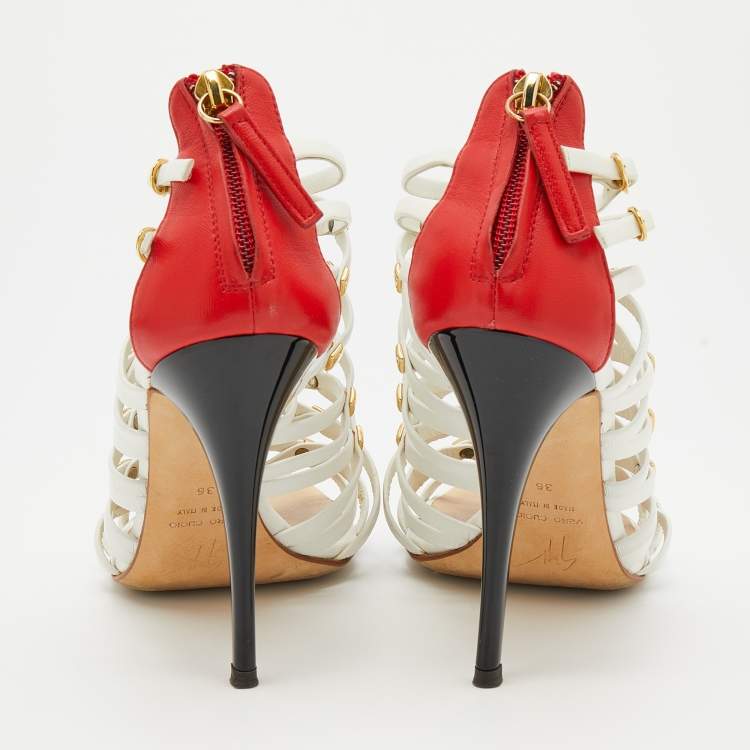 Pre Owned Giuseppe Zanotti White/Red Leather Embellished Strappy Sandals Size 36