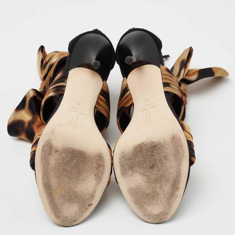 Pre Owned Giuseppe Zanotti Brown/Black Fabric And Leather Bow Ankle Cuff Sandals Size 37
