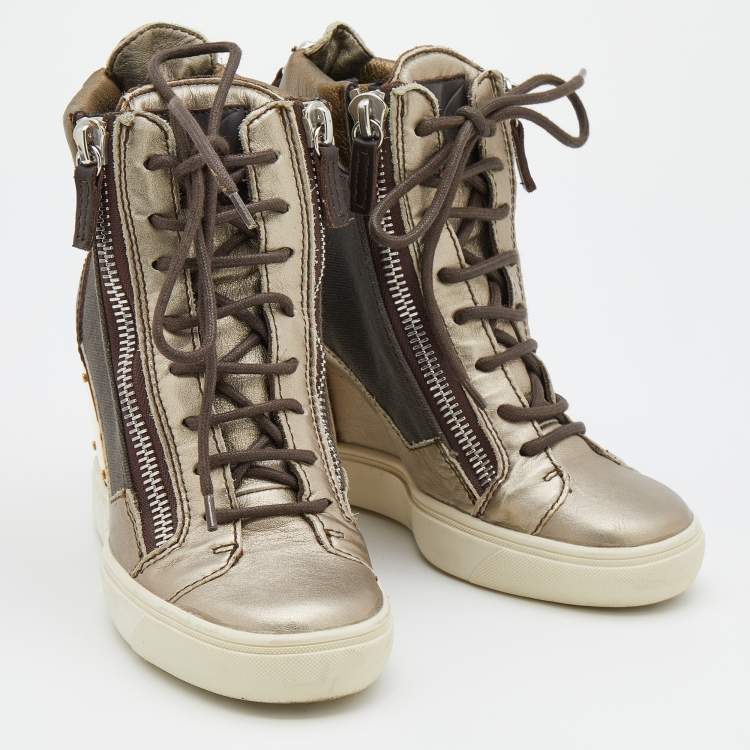 Pre Owned Giuseppe Zanotti Multicolor Canvas And Leather High Top Wedge Sneakers Size 37.5