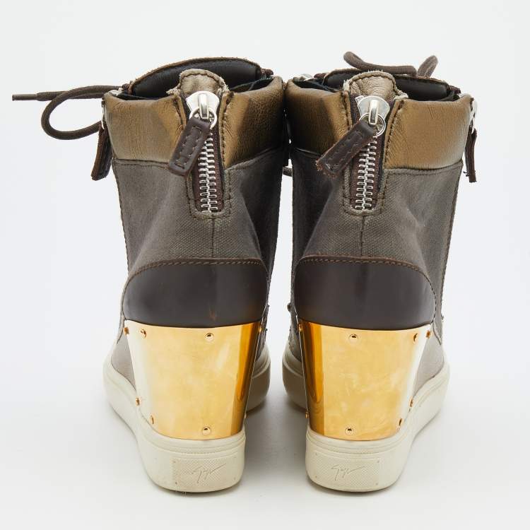Pre Owned Giuseppe Zanotti Multicolor Canvas And Leather High Top Wedge Sneakers Size 37.5