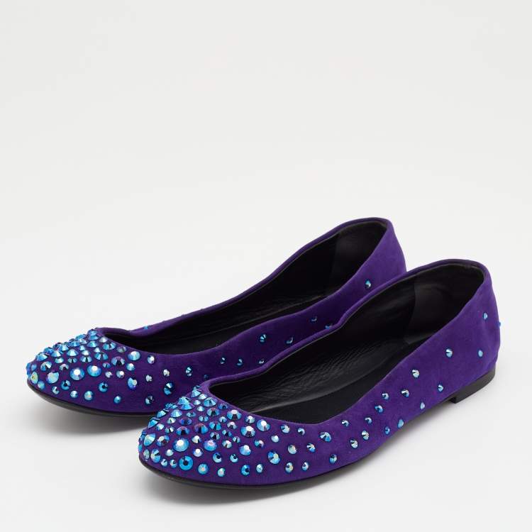 Pre Owned Giuseppe Zanotti Purple Suede Crystal Embellished Ballet Flats Size 38 