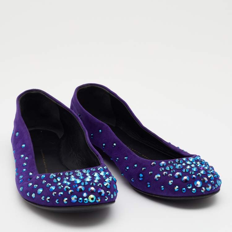Pre Owned Giuseppe Zanotti Purple Suede Crystal Embellished Ballet Flats Size 38 