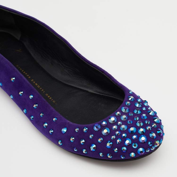 Pre Owned Giuseppe Zanotti Purple Suede Crystal Embellished Ballet Flats Size 38 