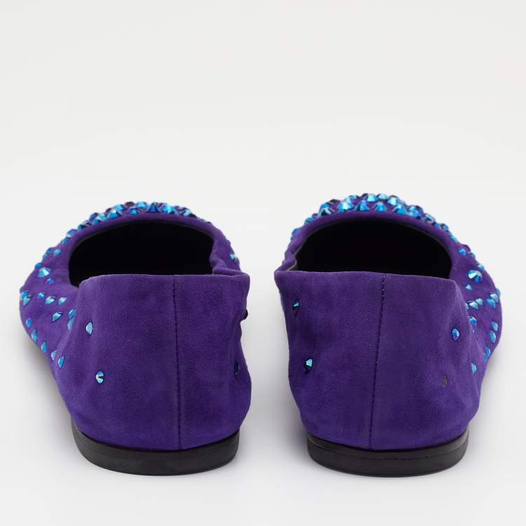 Pre Owned Giuseppe Zanotti Purple Suede Crystal Embellished Ballet Flats Size 38 