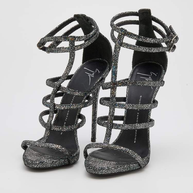 Pre Owned Giuseppe Zanotti Multicolor Holographic Effect Leather Strappy Ankle Strap Sandals Size 38
