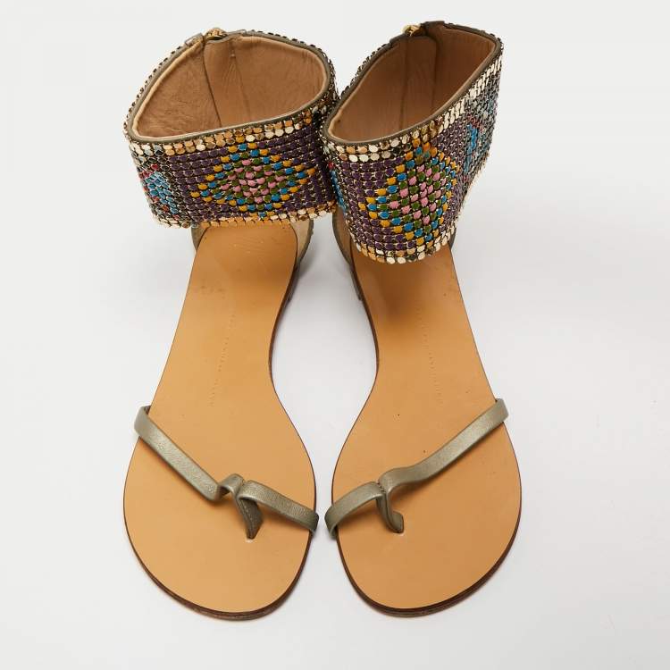 Pre Owned Giuseppe Zanotti Green Leather Embellished Ankle Wrap Flat Sandals Size 38.5
