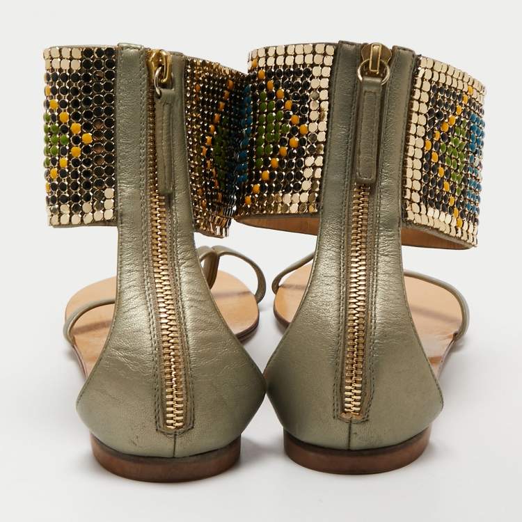 Pre Owned Giuseppe Zanotti Green Leather Embellished Ankle Wrap Flat Sandals Size 38.5