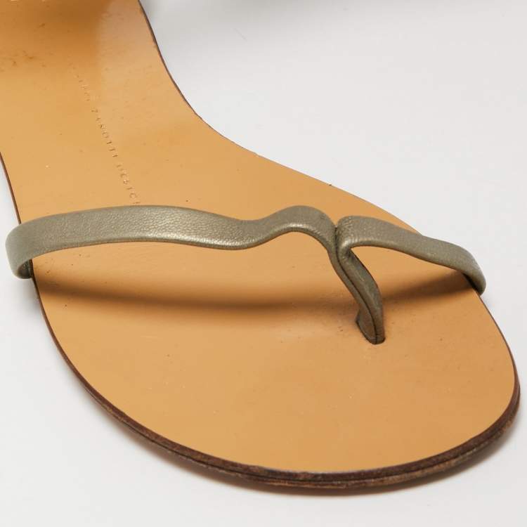 Pre Owned Giuseppe Zanotti Green Leather Embellished Ankle Wrap Flat Sandals Size 38.5