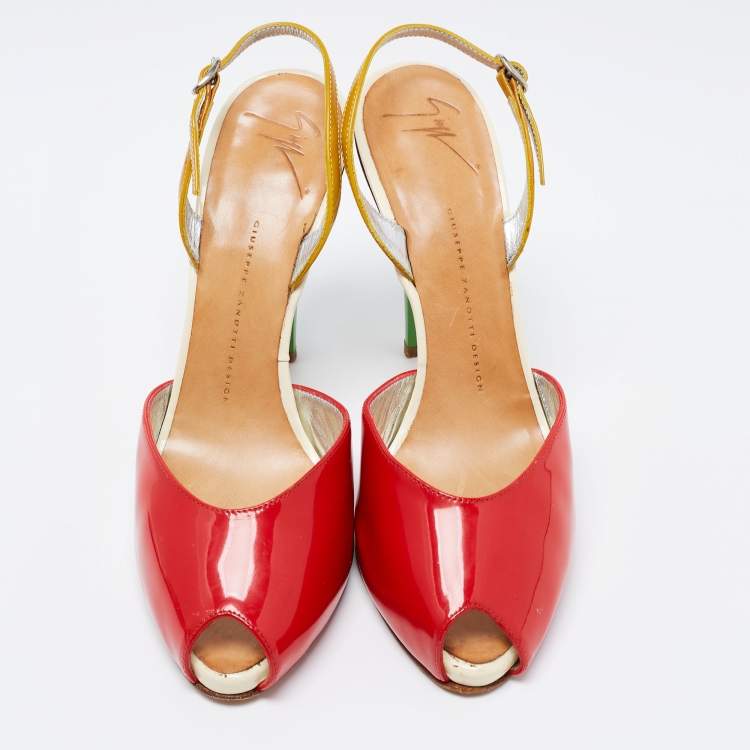 مملوكة مسبقًا Giuseppe Zanotti Tri-Color Patent Leather Peep Toe Slingback Sandals Size 40