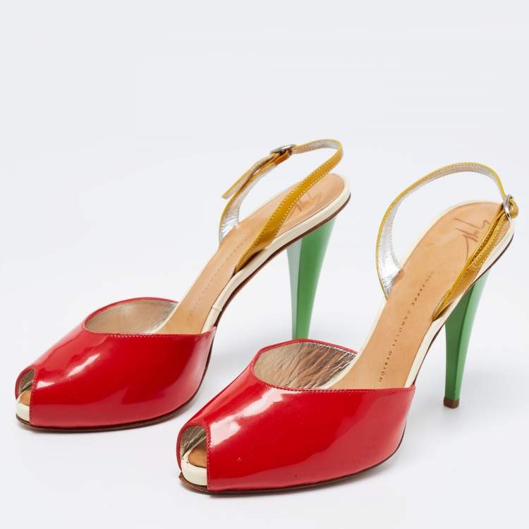 مملوكة مسبقًا Giuseppe Zanotti Tri-Color Patent Leather Peep Toe Slingback Sandals Size 40