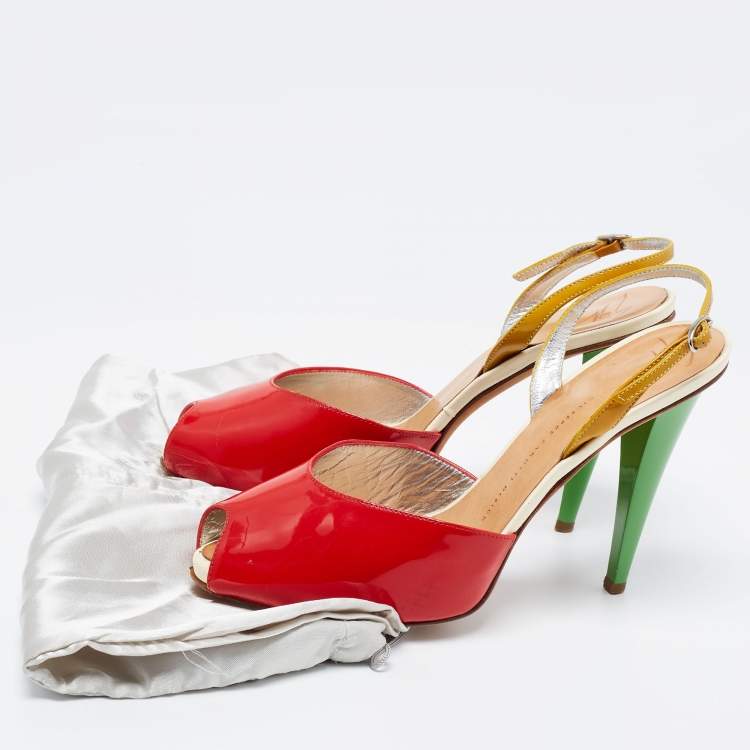 مملوكة مسبقًا Giuseppe Zanotti Tri-Color Patent Leather Peep Toe Slingback Sandals Size 40