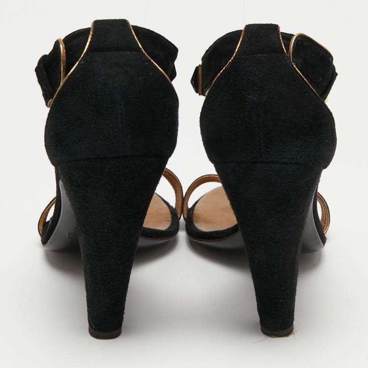 Pre Owned Giuseppe Zanotti Black Suede Studded T-Bar Ankle Strap Sandals Size 39.5