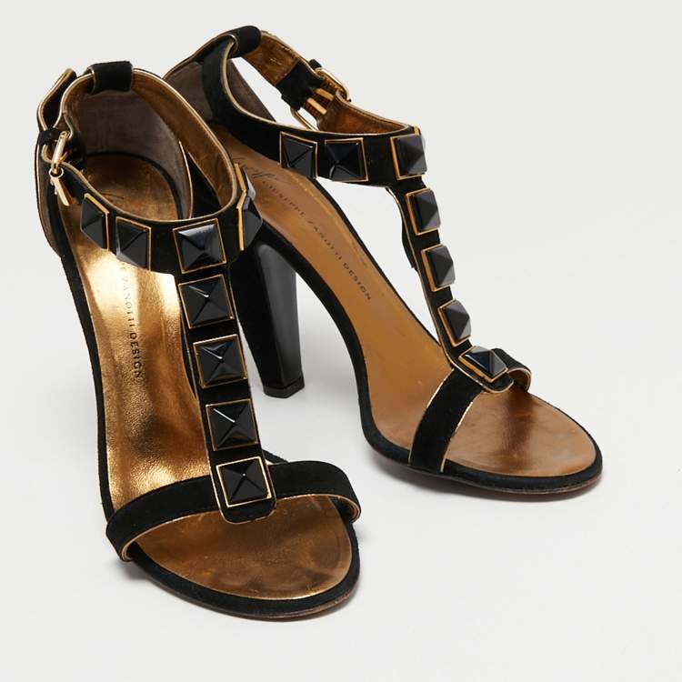 Pre Owned Giuseppe Zanotti Black Suede Studded T-Bar Ankle Strap Sandals Size 39.5