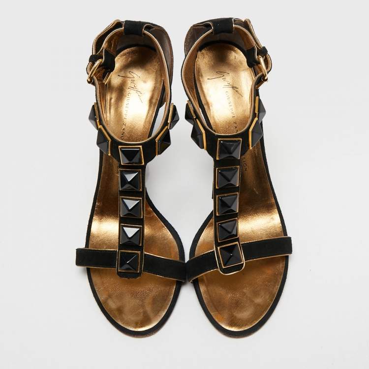 Pre Owned Giuseppe Zanotti Black Suede Studded T-Bar Ankle Strap Sandals Size 39.5