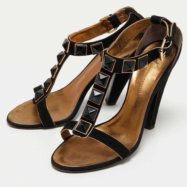 Pre Owned Giuseppe Zanotti Black Suede Studded T-Bar Ankle Strap Sandals Size 39.5
