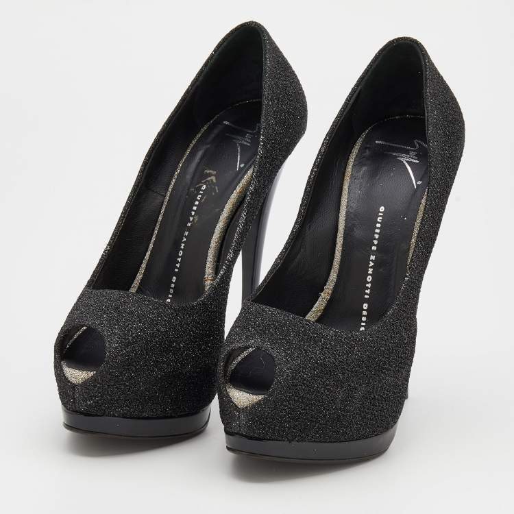 Pre Owned Giuseppe Zanotti Metallic Black Lurex Fabric Sharon Peep Toe Platform Pumps Size 37