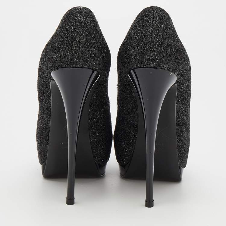Pre Owned Giuseppe Zanotti Metallic Black Lurex Fabric Sharon Peep Toe Platform Pumps Size 37