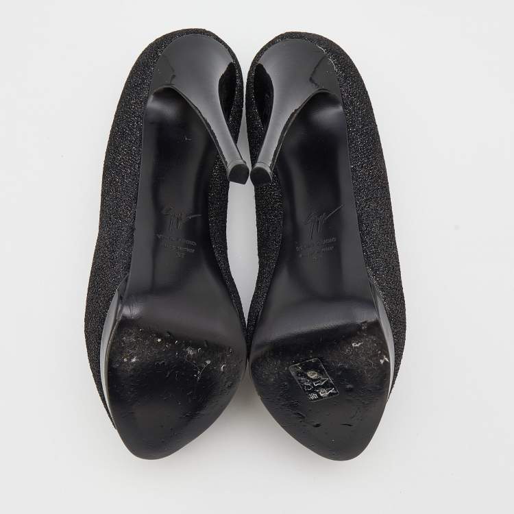 Pre Owned Giuseppe Zanotti Metallic Black Lurex Fabric Sharon Peep Toe Platform Pumps Size 37