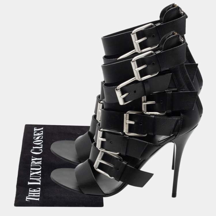 Pre Owned Giuseppe Zanotti Black Leather Buckle Strappy Sandals Size 37