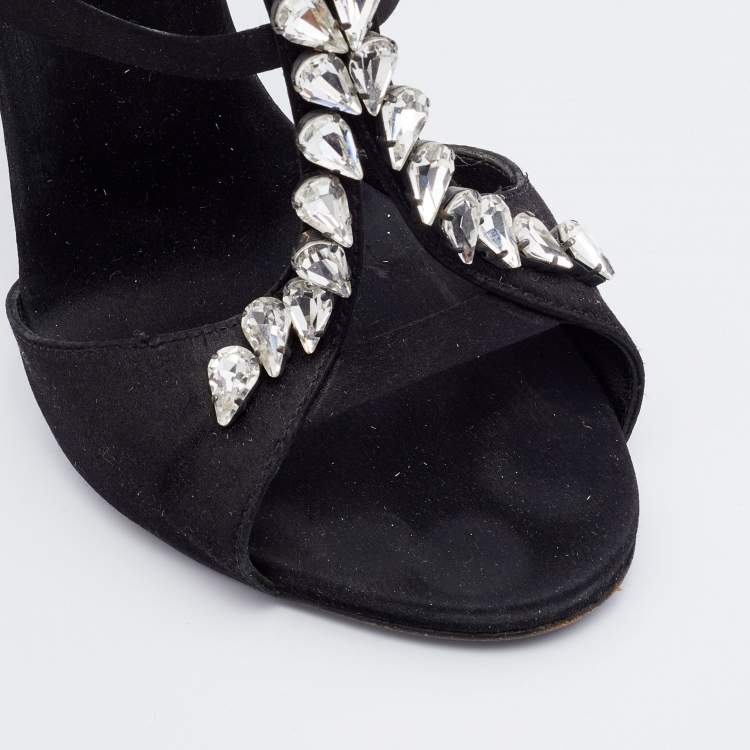 Pre Owned Giuseppe Zanotti Black Satin Crystal Embellished Strappy Sandals Size 37.5
