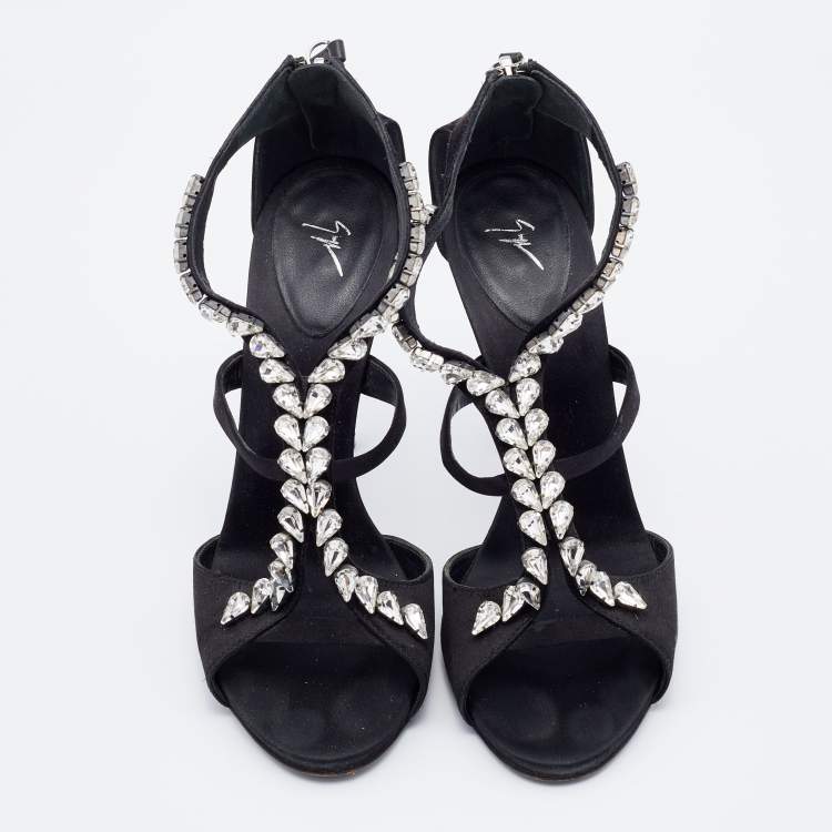 Pre Owned Giuseppe Zanotti Black Satin Crystal Embellished Strappy Sandals Size 37.5