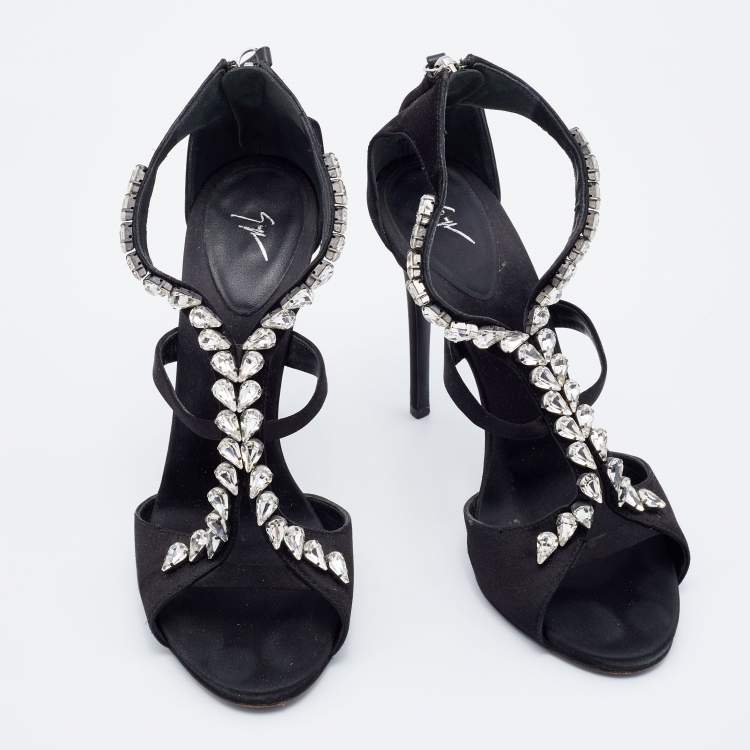 Pre Owned Giuseppe Zanotti Black Satin Crystal Embellished Strappy Sandals Size 37.5