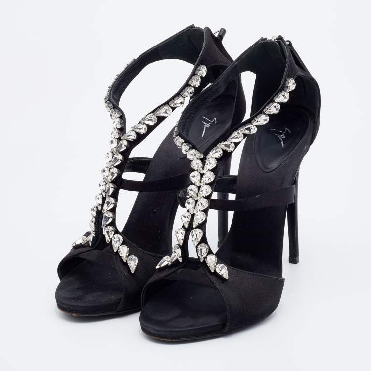 Pre Owned Giuseppe Zanotti Black Satin Crystal Embellished Strappy Sandals Size 37.5