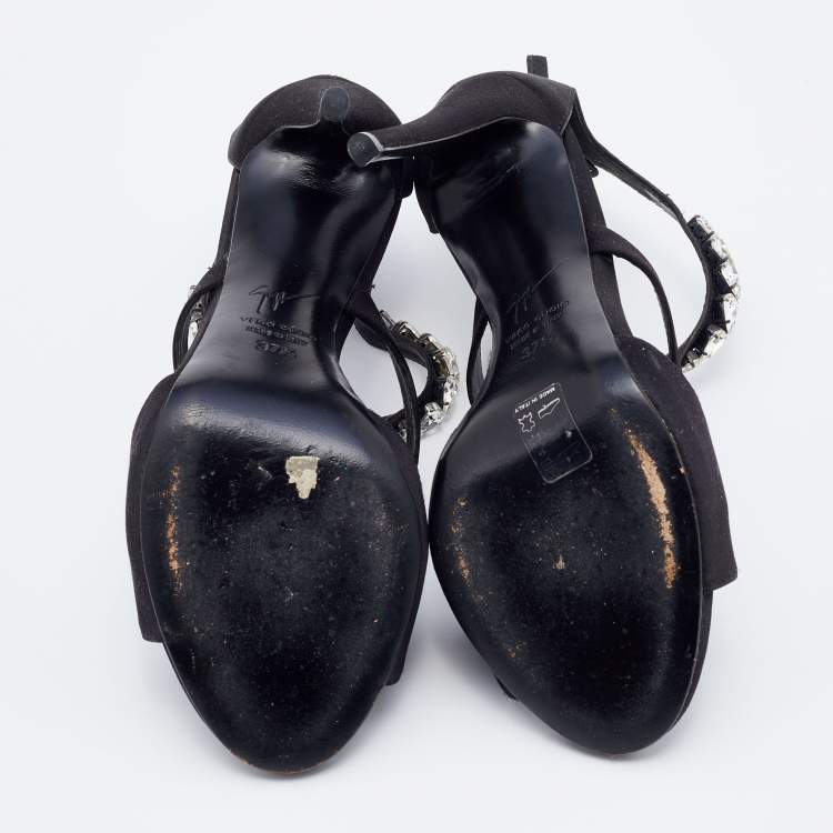 Pre Owned Giuseppe Zanotti Black Satin Crystal Embellished Strappy Sandals Size 37.5