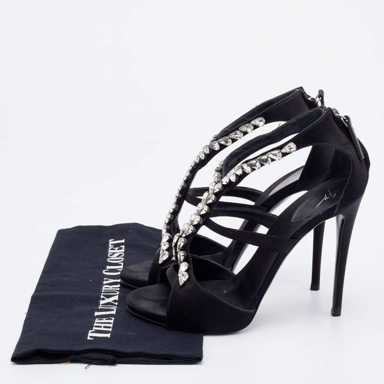 Pre Owned Giuseppe Zanotti Black Satin Crystal Embellished Strappy Sandals Size 37.5