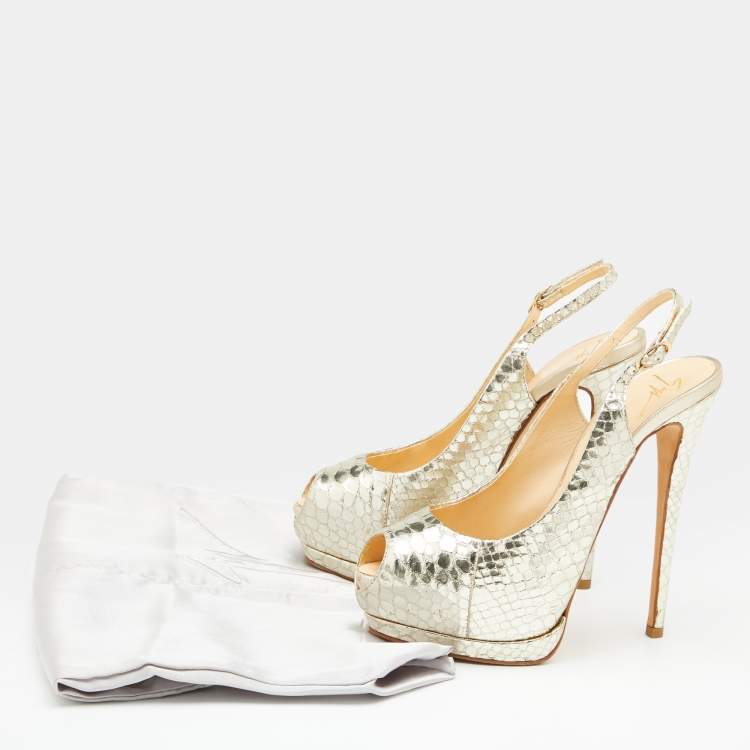 Pre Owned Giuseppe Zanotti Gold Python Embossed Leather Peep Toe Platform Slingback Pumps Size 38