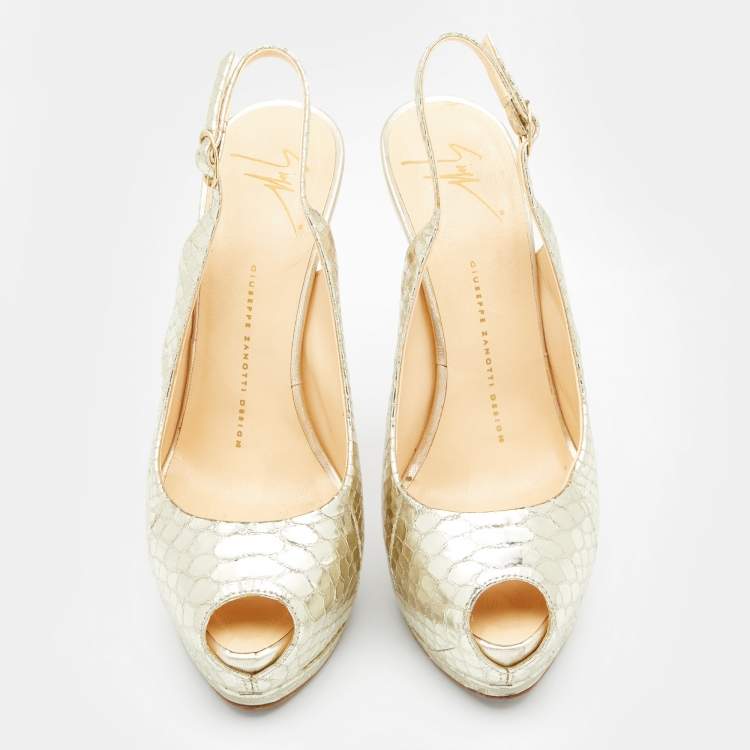 Pre Owned Giuseppe Zanotti Gold Python Embossed Leather Peep Toe Platform Slingback Pumps Size 38