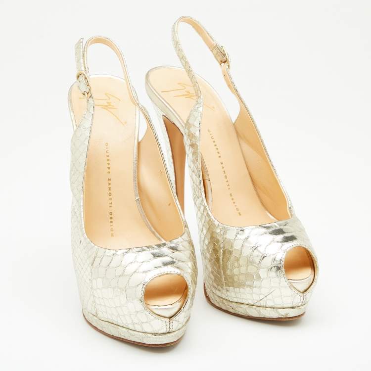 Pre Owned Giuseppe Zanotti Gold Python Embossed Leather Peep Toe Platform Slingback Pumps Size 38