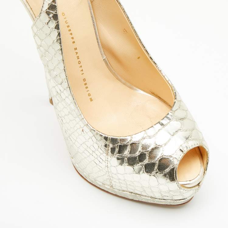 Pre Owned Giuseppe Zanotti Gold Python Embossed Leather Peep Toe Platform Slingback Pumps Size 38