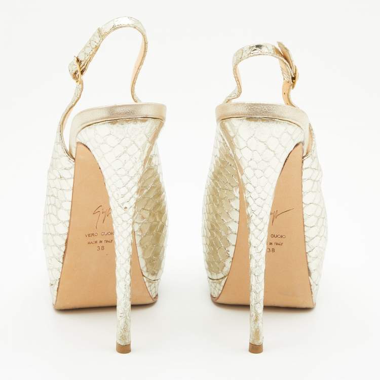 Pre Owned Giuseppe Zanotti Gold Python Embossed Leather Peep Toe Platform Slingback Pumps Size 38