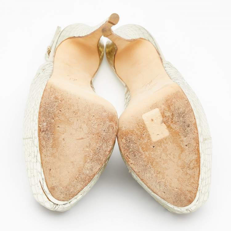 Pre Owned Giuseppe Zanotti Gold Python Embossed Leather Peep Toe Platform Slingback Pumps Size 38