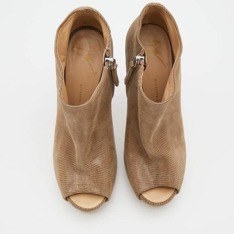 Pre Owned Giuseppe Zanotti Beige Suede Peep Toe Platform Ankle Length Boots Size 37.5