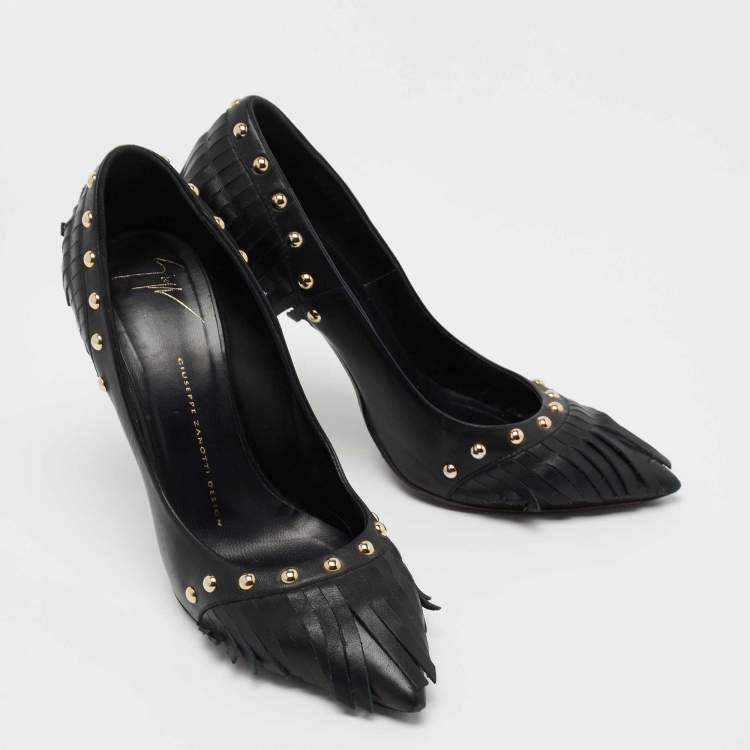 Pre Owned Giuseppe Zanotti Black Leather Studded Fringe Pumps Size 38.5