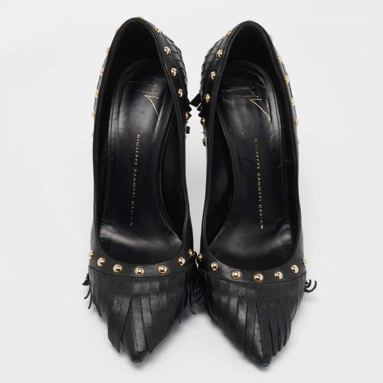 Pre Owned Giuseppe Zanotti Black Leather Studded Fringe Pumps Size 38.5