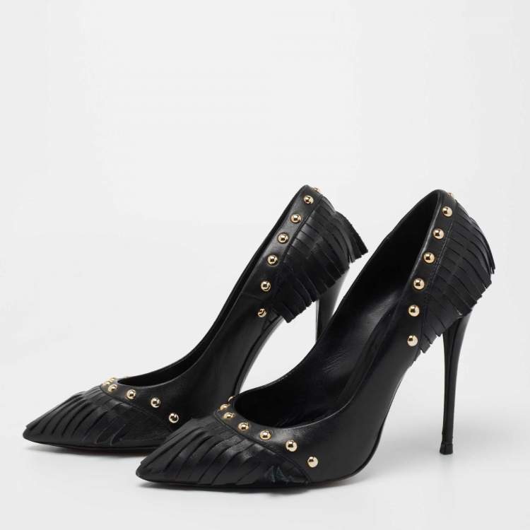Pre Owned Giuseppe Zanotti Black Leather Studded Fringe Pumps Size 38.5