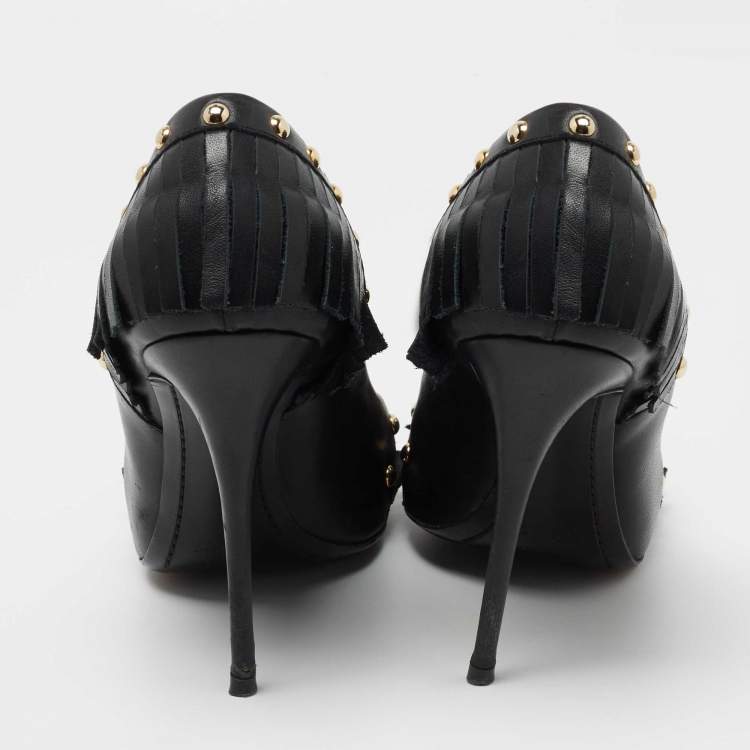 Pre Owned Giuseppe Zanotti Black Leather Studded Fringe Pumps Size 38.5