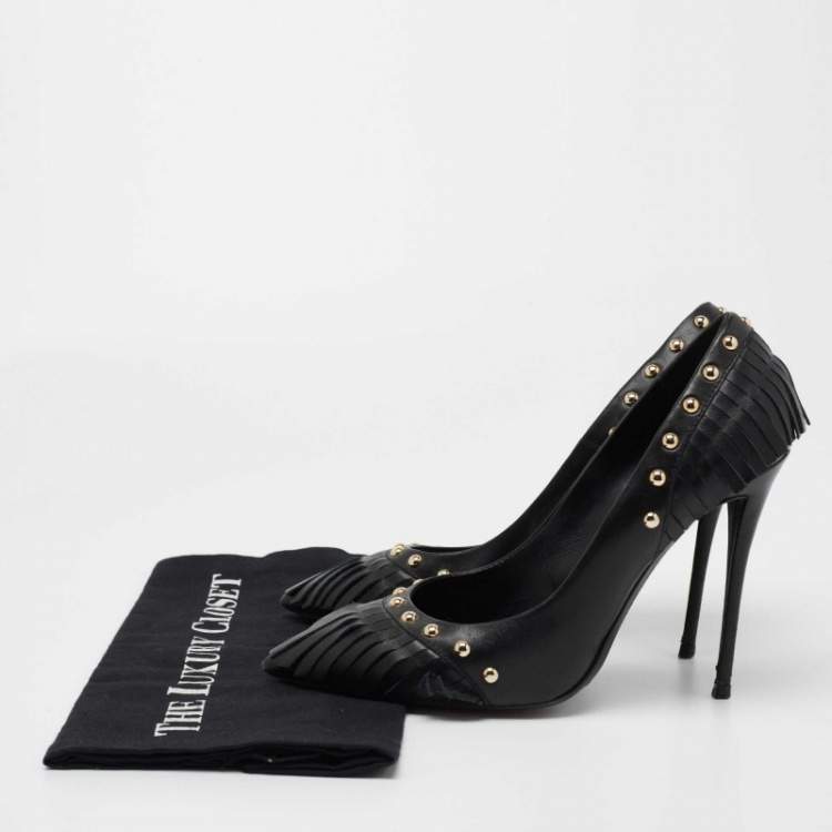 Pre Owned Giuseppe Zanotti Black Leather Studded Fringe Pumps Size 38.5