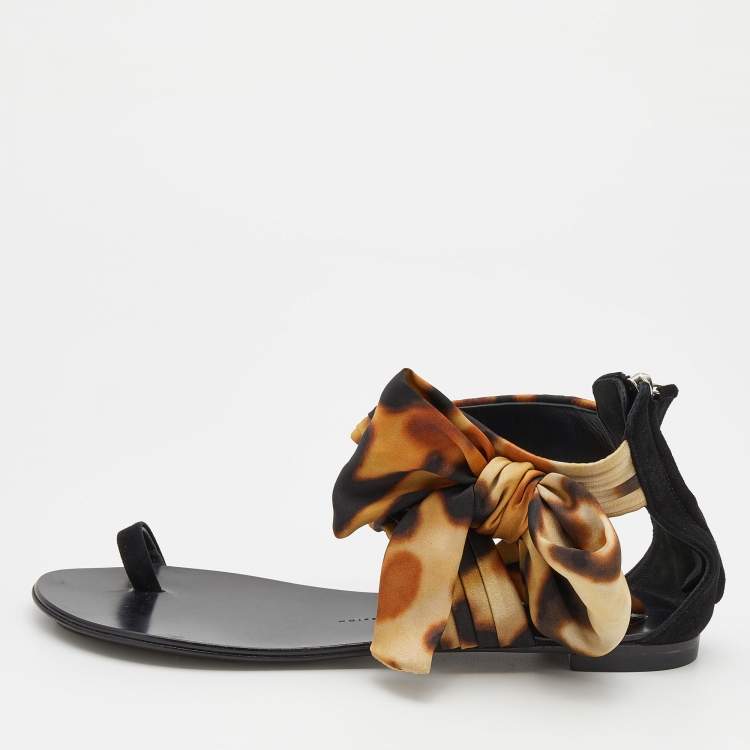 Giuseppe Zanotti Black/Beige Suede and Fabric Bow Ankle Strap Flat Sandals  Size 39 Giuseppe Zanotti | The Luxury Closet